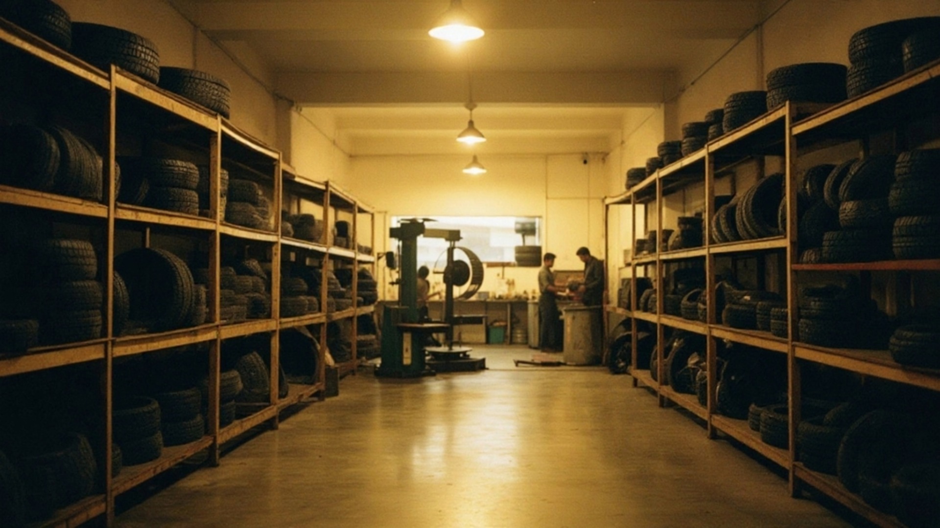 Inside the Sony Tyres workshop in Kolhapur — racks of tyres and a balancing machine